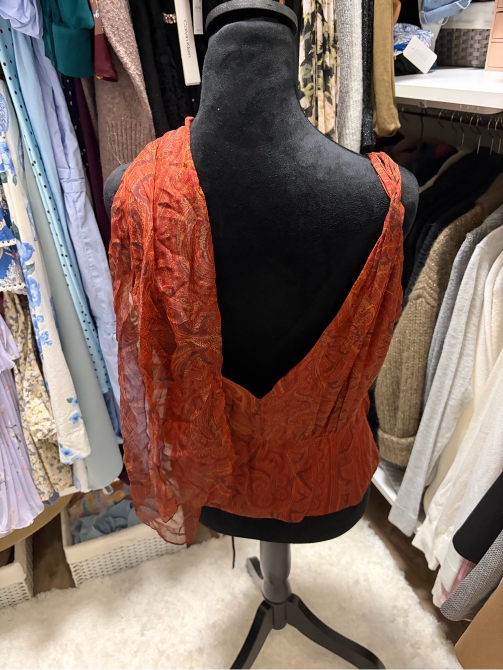 VINTAGE ✨Carmen Marc Valvo Signature Red-Orange Strapless Draped V-Neck Shirt - Picture 6 of 8